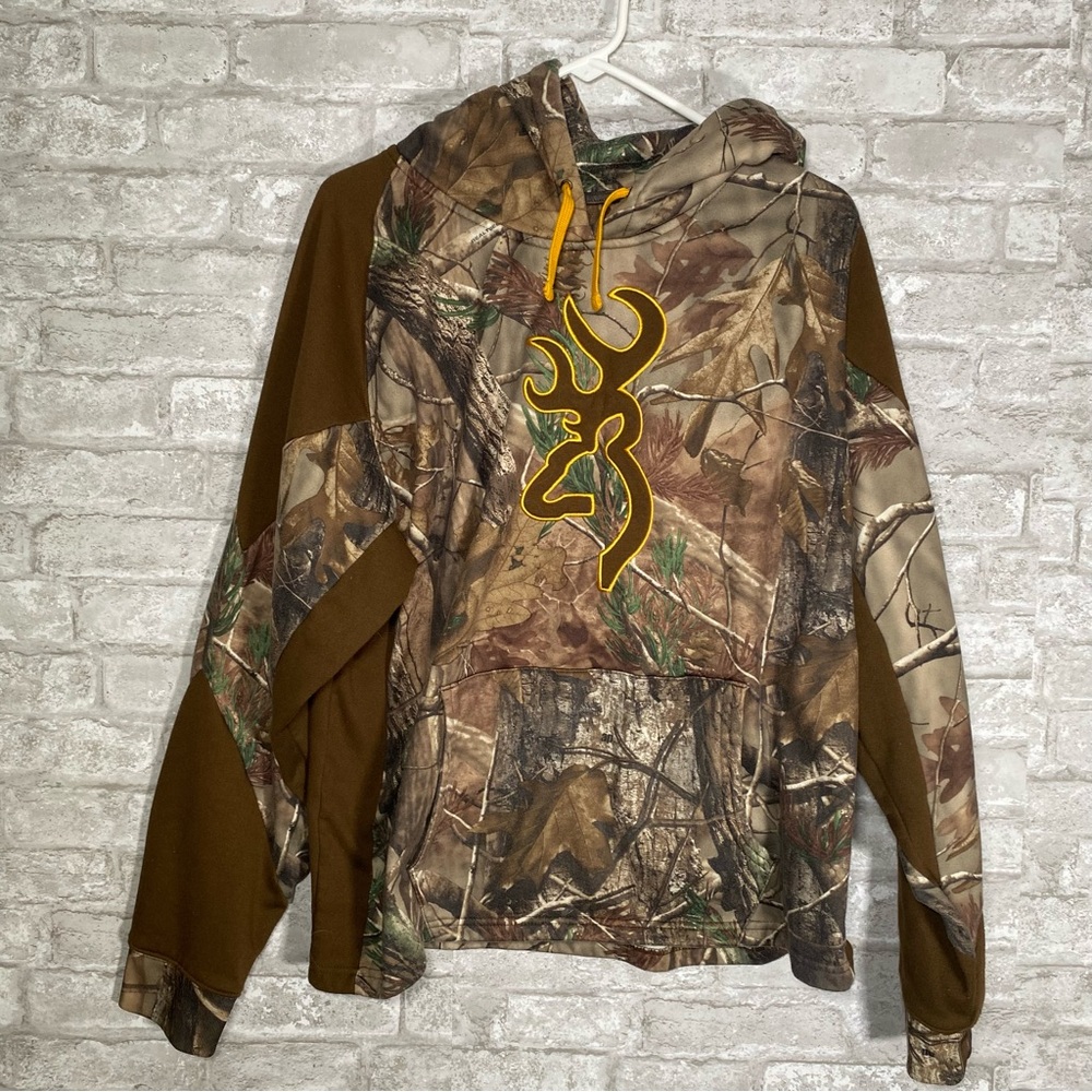 Browning real tree Camo Hoodie Yellow Drawcords men’s size XL gorpcore outdoor